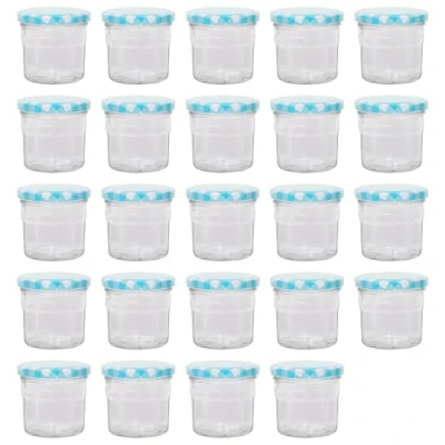 Image of Argon Tableware 24x 130ml Glass Jam Jars with Blue Gingham Lids Empty Screw Top Kitchen Food Honey Spice Preserving Canning Storage Jar Set