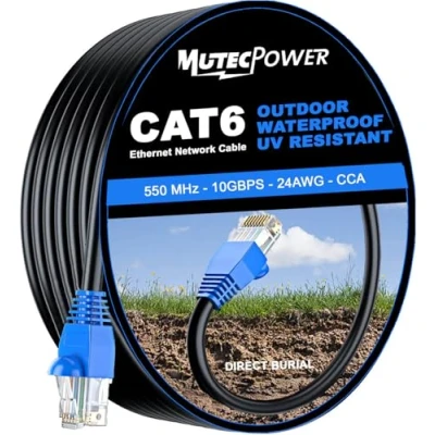 Image of MutecPower 50m CAT6 Outdoor waterproof Direct Burial Ethernet Network Cable UTP CCA 550 Mhz Black 50 meter
