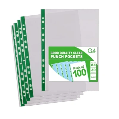Image of 100 A4 Plastic Value Punched Punch Pockets 10 15 Sheets 30 Micron for Folders Filing Wallets Sleeves