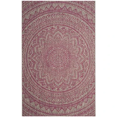 Image of SAFAVIEH Contemporary Rug for Indoor &amp; Outdoor Courtyard Collection, Short Pile, in Light Grey and Fuchsia color, 79 X 152 cm