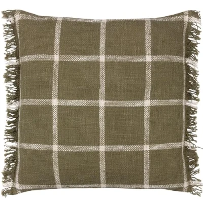 Image of Yard Beni Check Fringed Feather Filled Cushion Green Cotton Size 45 cm x