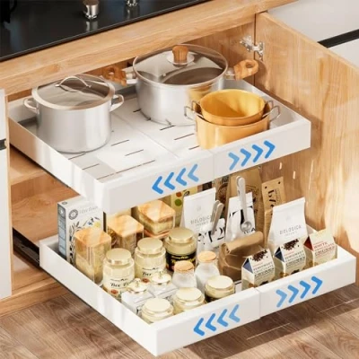 Image of Mutool Pull Out Cabinet Organizer, Extendable Sliding Storage Drawer, Heavy Duty Slide Shelf with Adhesive Nano Film for Kitchen, Pantry, Bathroom, Under Sink (White)