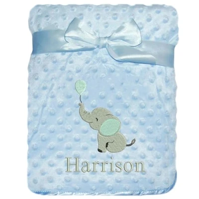 Image of JJLC Personalised Baby Bobble Blanket Embroidered Elephant &amp; Name Soft Fleece Wrap Boys Girls (Blue Bobble)