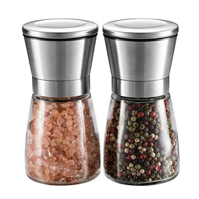 Image of New Salt and Pepper Grinder Mill Set of 2 Premium Stainless Steel Shakers Glass Body Adjustable Coarseness