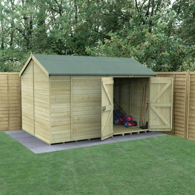 Image of 12&#039; x 8&#039; Forest Timberdale 25yr Guarantee Tongue &amp; Groove Pressure Treated Windowless Double Door Reverse Apex Shed (3.65m 2.52m)