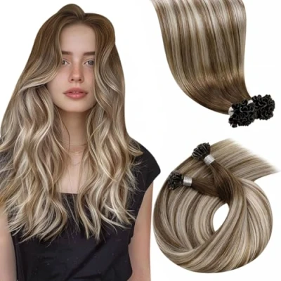 Image of LaaVoo U Tip Hair Extensions Real Human Balayage Light Brown With White Blonde to 20 Inch 50g 50 Strands Remy Straight #8/60/8