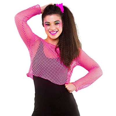 Image of Wicked Costumes Adult 80&#039;s Neon Pink Fishnet Long Sleeved Top (One Size UK 6 10)