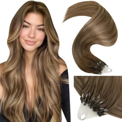 Image of LaaVoo Micro Beads Ring Hair Extensions Light Brown and Dark Blonde Omber Loop 18 Inch 50 Strands 50g Remy Straight Real Human #8/16/8