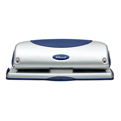 Image of Rexel Precision 425 4 Hole Punch, 25 Sheet Capacity, Paper Alignment Indicator, Metal, Silver/Blue, 2100754