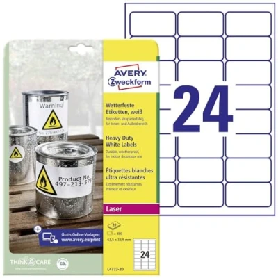 Image of Avery Zweckform L4773 20 Heavy Duty White Labels 63,5 x 33,9 mm Weather Resistant Sheets / 480