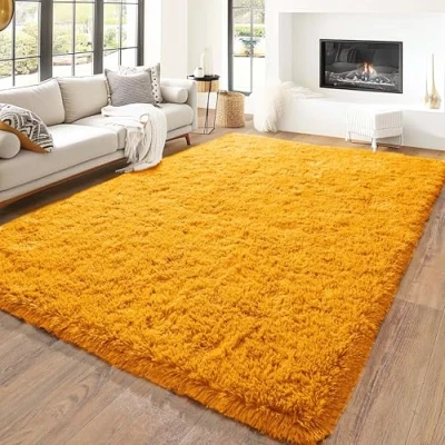 Image of Hafaa Rugs Living Room 120 x 170 Fluffy Ochre Area for Bedroom Super Soft Large Shaggy Pile Non Slip Shedding Rug Modern Plush Carpet Lounge