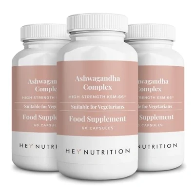 Image of Hey Nutrition Ashwagandha Complex 9000mg Supplement High Strength KSM 66 Boosts Mood &amp; Energy Reduces Stress Anxiety UK Manufactured All Natural, Non GMO 3 Pack 180 Vegetarian Capsules