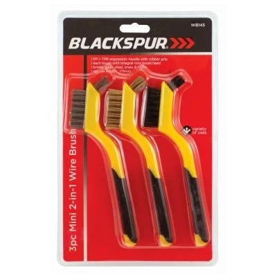 Image of 3pc Yellow Mini 17.5cm Plastic 2 in 1 Wire Brush Set By Blackspur