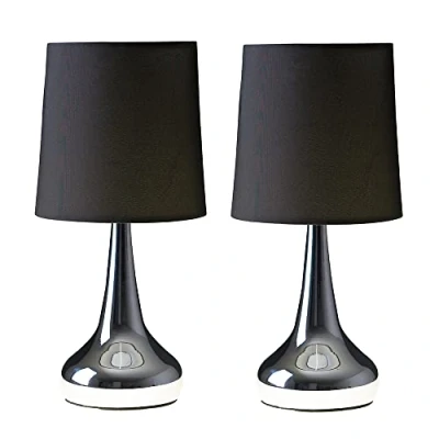 Image of MiniSun Pair of Modern Chrome Teardrop Touch Bed Side Table Lamps with Black Fabric Shades