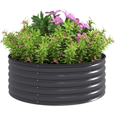 Image of Outsunny Galvanised Raised Garden Bed with Safety Edging, Outdoor Planter Box Gloves and Open Bottom, Metal for Flowers, Vegetables Herbs, 120 x 43cm, Dark Grey