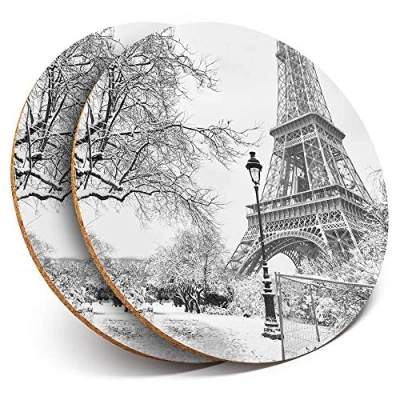 Image of 2 x Round Coasters Eiffel Tower Paris France French Cork Backed Home Kitchen Accessory Tea Coffee Mug Mat #42832