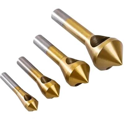 Image of KEWAYO Countersink Drill Bit Set 4pcs 90 Degree High Speed Steel Titanium Coated Bits for Wood, Metal, Fiberboard, Plywood, Plastic, PVC Perfect Countersinking and Chamfering