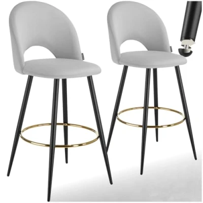 Image of tectake® Set of 2 Bar Stools with Soft Velvet Look Covers &amp; Curved Backrests, Padded Stool Flared Steel Legs Footrests, Ideal as Kitchen Island Dining Chairs Light Grey/Black