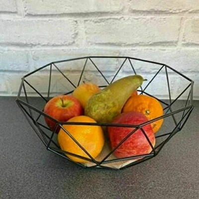 Image of HomeZone Black Geometric Metal Wire Basket Wooden Base Fruit Vegetable Display Decorative Storage Home Kitchen Living Modern Décor