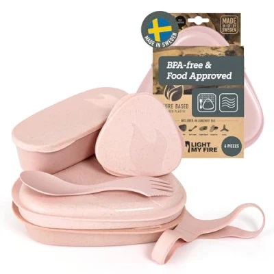 Image of Light My Fire 6 Piece Camping Mess Kit for 1 Lunch with 3 in Reusable Spork Utensils, Kits Scouts BPA Free Dishwasher Safe Lunchbox, Hiking Backpacking Picnic, Dustypink