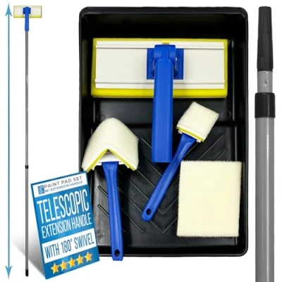 Image of Paint Pad Set with handle Pads for Walls and Ceilings Includes Large, Medium, Small, Triangle, Flat Pads, Telescopic Decorating Interchangeable Heads