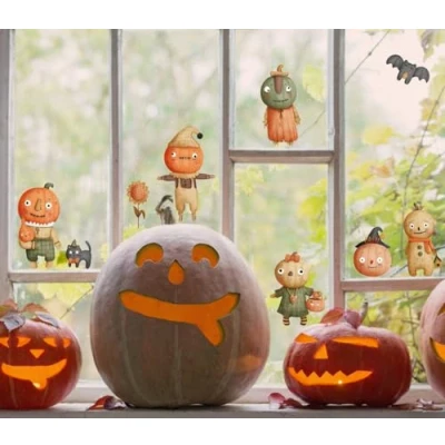 Image of QuoteMyWall Cute Halloween Decorations Window Stickers Scarecrows Family Pumpkin Black Cat &amp; Bat