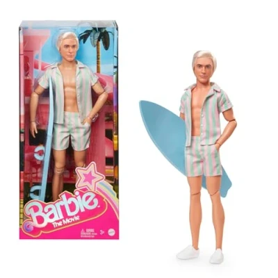 Image of Barbie The Movie Ken Doll Wearing Pastel Pink and Green Striped Beach Matching Set with Surfboard White Sneakers, JBJ54