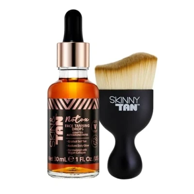 Image of Notox Moisturising Face Tanning Drops Gradual Fake Tan Serum with Vegan Collagen, Cruelty Free, Paraben Free &amp; Skincare Dark Self Tan, 30ml Plus Miracle Brush