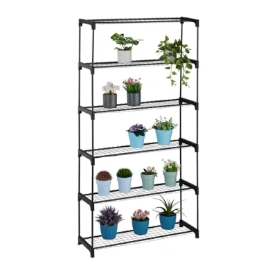 Image of Relaxdays Plant Rack, 6, Stand for Flowers &amp; Pots, Metal Plastic, HWD: 174x91x28 cm, Shelving Herbs, Black, Steel