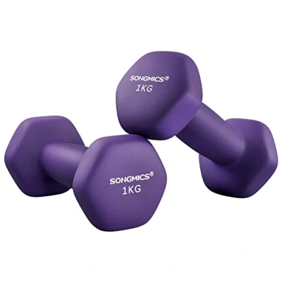 Image of SONGMICS Dumbbells Set of 2 x 1kg Hexagon Neoprene Coating Strength Training Workout Fitness Home Ash Purple SYL902P02