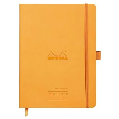 Image of RHODIA 117795C Soft Notebook Meeting Orange A5+ Pre Printed Date/Notes/Action160 Detachable Pages Clairefontaine Paper 90gMarque Page, Pencil Holder Faux Leather Cover Rhodiarama