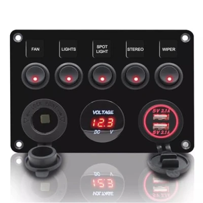 Image of Geloo 12V 24V Toggle Switch Panel, IP65 Waterproof Car Rocker Switches 4.2A Dual USB Charger Port Lighter Socket Digital Voltmeter Display for Boat Truck (Red)