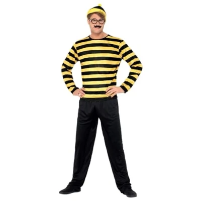 Image of Smiffys Where&#039;s Wally Odlaw Costume, Adults Black &amp; Yellow Top, Trousers, and accessories, Official License Outfit for a Classic Look, Perfect Themed Parties or World Book Day Halloween