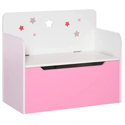 Image of HOMCOM Kids Wooden Toy Box Children Storage Chest Bench Organiser Safety Hinge Bedroom Playroom Furniture Pink