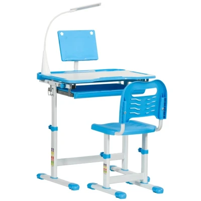 Image of HOMCOM Kids Desk and Chair Set, Height Adjustable Study with USB Lamp, Storage Drawer for Study, Blue White