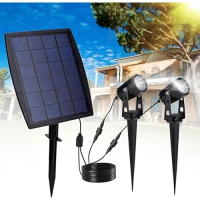 Image of LED Solar Spotlight, 2 Pack Cool White Waterproof IP65 Outdoor Spot Lights for Backyard Landscape Driveway Patio Gardens Lawn, 9 10 Hours Working time, 3M Cable, Automatically Activates at Dusk