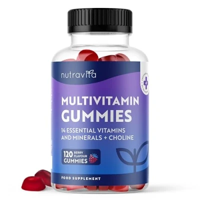 Image of Multivitamin Gummies for Women and Men 120 Vegan (4 Month Supply) 14 Essential Vitamins &amp; Minerals Vitamin C A D B12 Biotin Zinc Berry Flavour Chewable Adult Multi Nutravita