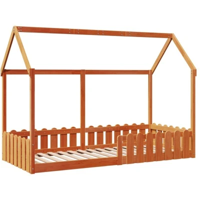 Image of vidaXL Kids&#039; House Bed Frame Wax Brown Solid Pinewood 90x190 cm Whimsical Design, Low Floor Bed, Safety Rails Included