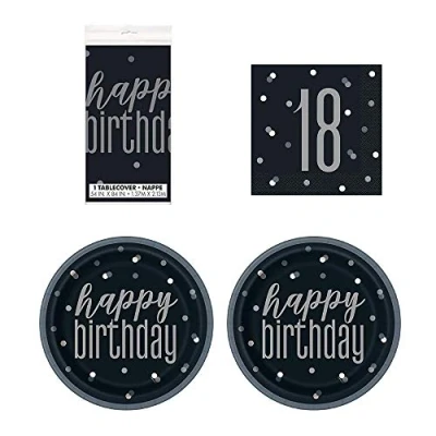 Image of 18th Birthday Black and Silver Glitz Tableware Pack for 16