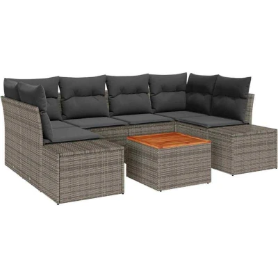 Image of vidaXL 7 Piece Garden Sofa Set with Cushions Grey Poly Rattan Acacia