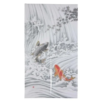 Image of Narumi Made In Japan Noren Curtain Tapestry Carp Swimming Up a Waterfall by