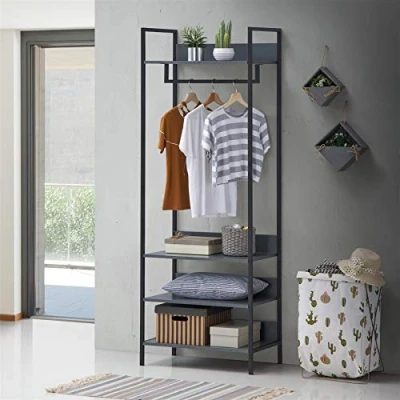 Image of Timber Art Design UK Zahra Bedroom Open Wardrobe with Hanging Rail and 4 Shelves Modern Furniture Cupboard Storage Organizer Unit For Bedroom, Living Room, Dark Grey H180 x W63.8 D40 cm