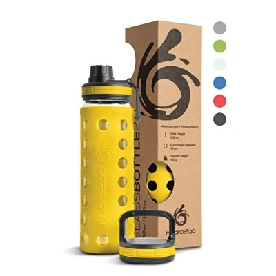 Image of hydro2go® Glass Drinking Bottle with Silicone Case 550 ml Dishwasher Safe 2 Interchangeable Lids 100% Leak Proof BPA for Children, Office, Fitness, Yoga, Sports &amp; Outdoor
