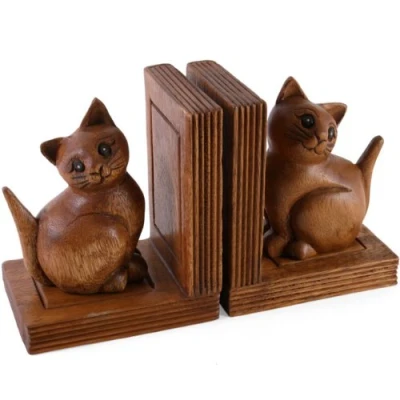 Image of Pair of Wooden Hand Carved Cute Cat Kitten Book Ends / Holder