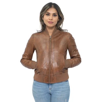 Image of Ladies Tan Brown Leather Bomber Jacket Genuine MA 1 Varsity Retro L