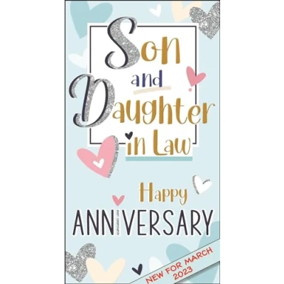 Image of Jonny Javelin Son and Daughter in Law Anniversary Card Pastel Love Hearts Embossed with Foil Flitter Details