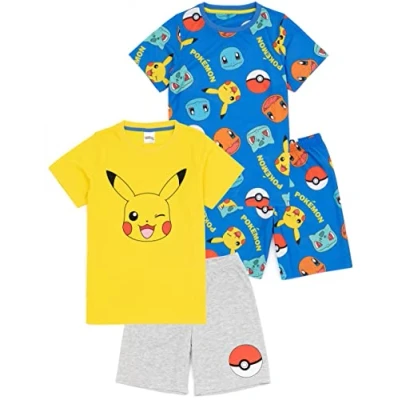Image of Pokémon Pokemon Boys Pyjama Set 2 Pack Short Sleeve T Shirt &amp; Shorts PJs for Kids Multicoloured All Over Print Pikachu Bulbasaur Charmander Squirtle Pyjamas Game Merchandise Gift Children