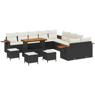 Image of vidaXL 14 Piece Garden Sofa Set with Cushions Black Poly Rattan Acacia