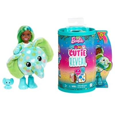 Image of ​Barbie Small Dolls and Accessories, Cutie Reveal Chelsea Doll with Elephant Plush Costume &amp; 7 Surprises Including Color Change, Jungle Series