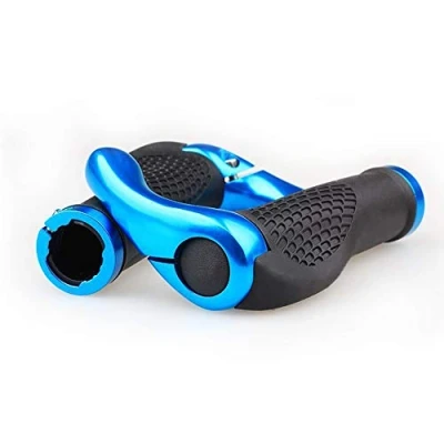 Image of VOANZO Bicycle Handlebar Grips, Ergonomic Design Rubber MTB Mountain Bike Grips With Bar Ends Horns, Comfortable Protector (Black+Blue)